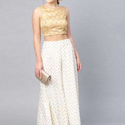 Women Off-White & Golden Printed Flared Palazzos